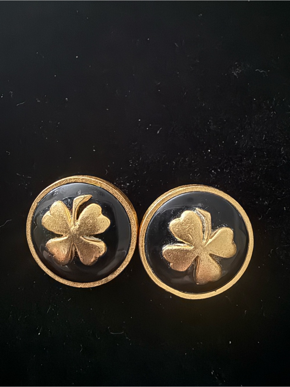 Vintage CHANEL Black Gold Four Leaf Clover Round Clip On Earrings